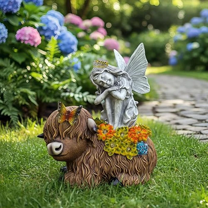 niwhydi Angel Garden Decor Statue Solar Angel Sitting on Highland Cow Succulent Butterfly Bee LED Lights Outdoor Decorations for Yard Patio Housewarming Gift for Mom Women by niwhydi - Image 2
