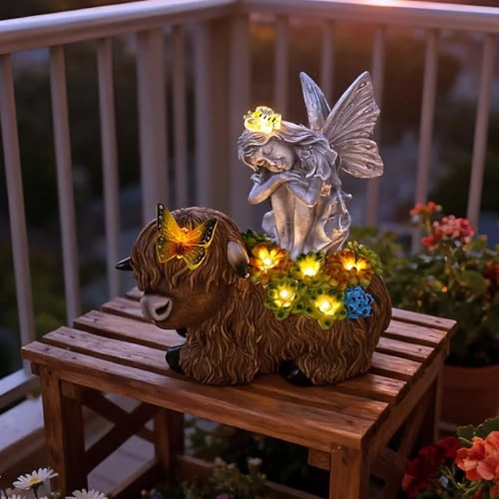 niwhydi Angel Garden Decor Statue Solar Angel Sitting on Highland Cow Succulent Butterfly Bee LED Lights Outdoor Decorations for Yard Patio Housewarming Gift for Mom Women by niwhydi - Image 3