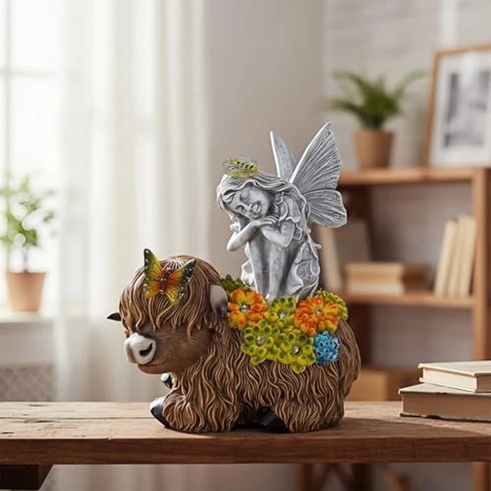 niwhydi Angel Garden Decor Statue Solar Angel Sitting on Highland Cow Succulent Butterfly Bee LED Lights Outdoor Decorations for Yard Patio Housewarming Gift for Mom Women by niwhydi - Image 4