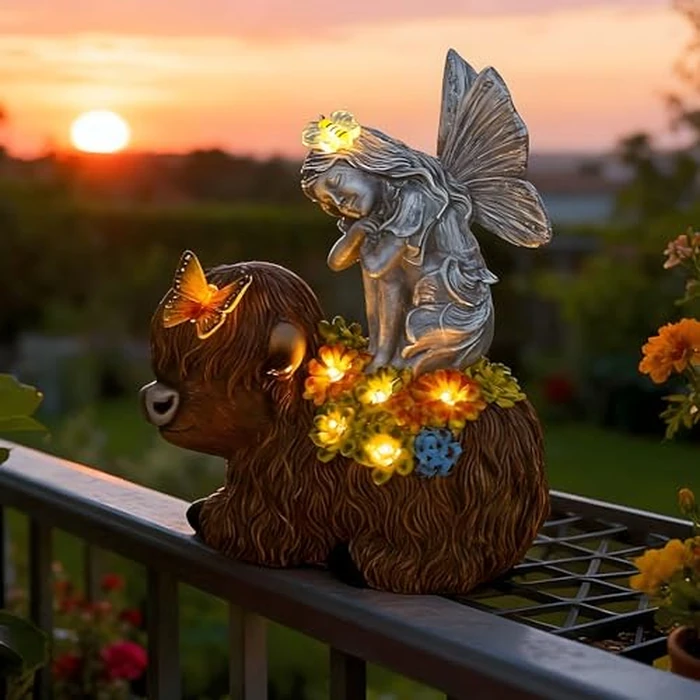 niwhydi Angel Garden Decor Statue Solar Angel Sitting on Highland Cow Succulent Butterfly Bee LED Lights Outdoor Decorations for Yard Patio Housewarming Gift for Mom Women by niwhydi - Image 6
