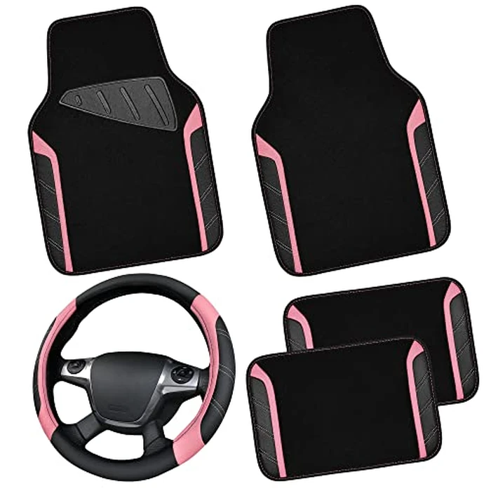 CAR PASS Microfiber Steering Wheel Cover and Waterproof Car Floor Mats,Leather Universal Car Combo Fit for 95% Truck,SUV,Cars,14.5-15inch Sporty Anti-Slip Safety Comfortable Design(Black and Pink) by CAR PASS - Image 1