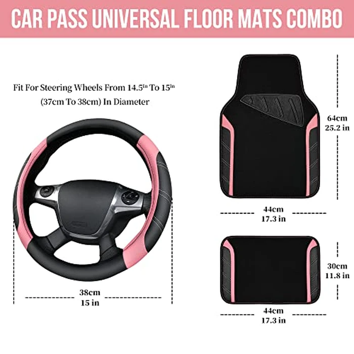 CAR PASS Microfiber Steering Wheel Cover and Waterproof Car Floor Mats,Leather Universal Car Combo Fit for 95% Truck,SUV,Cars,14.5-15inch Sporty Anti-Slip Safety Comfortable Design(Black and Pink) by CAR PASS - Image 3