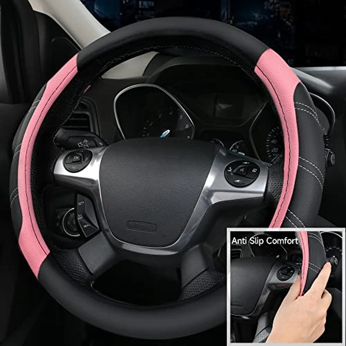 CAR PASS Microfiber Steering Wheel Cover and Waterproof Car Floor Mats,Leather Universal Car Combo Fit for 95% Truck,SUV,Cars,14.5-15inch Sporty Anti-Slip Safety Comfortable Design(Black and Pink) by CAR PASS - Image 6