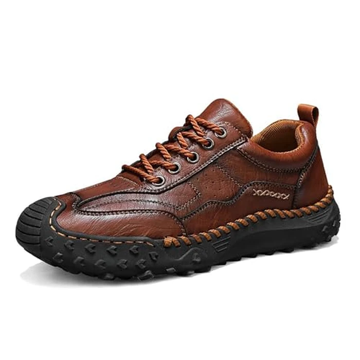 Men's Handmade Stitching Lace Up Loafers Classic Leather Anti Slip Round Toe Sneakers Outdoor Lightweight Breathable Dress Walking Driving Business Shoes (Brown,13) by MVIOBUY - Image 1