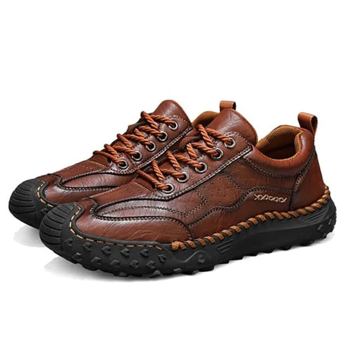 Men's Handmade Stitching Lace Up Loafers Classic Leather Anti Slip Round Toe Sneakers Outdoor Lightweight Breathable Dress Walking Driving Business Shoes (Brown,13) by MVIOBUY - Image 6