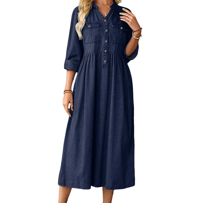 loveimgs Women Casual Button Down High Waist Midi Denim Dress V Neck Pleated Shirt Jean Dress A Line Long Sleeves Pockets (Small,Dark Blue) by loveimgs - Used - Like New condition