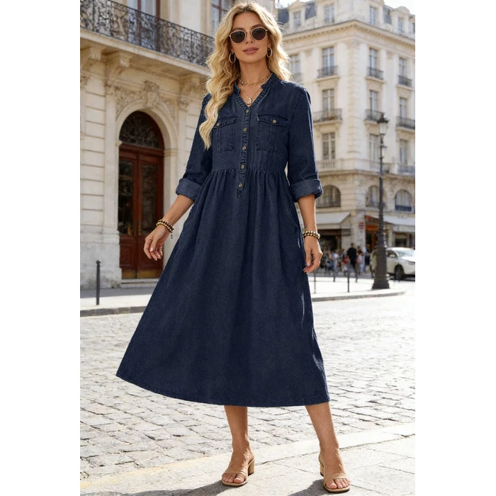 loveimgs Women Casual Button Down High Waist Midi Denim Dress V Neck Pleated Shirt Jean Dress A Line Long Sleeves Pockets (Small,Dark Blue) by loveimgs - Image 3