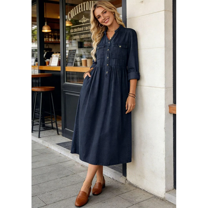 loveimgs Women Casual Button Down High Waist Midi Denim Dress V Neck Pleated Shirt Jean Dress A Line Long Sleeves Pockets (Small,Dark Blue) by loveimgs - Image 4