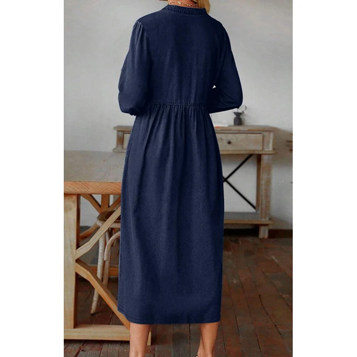 loveimgs Women Casual Button Down High Waist Midi Denim Dress V Neck Pleated Shirt Jean Dress A Line Long Sleeves Pockets (Small,Dark Blue) by loveimgs - Image 6