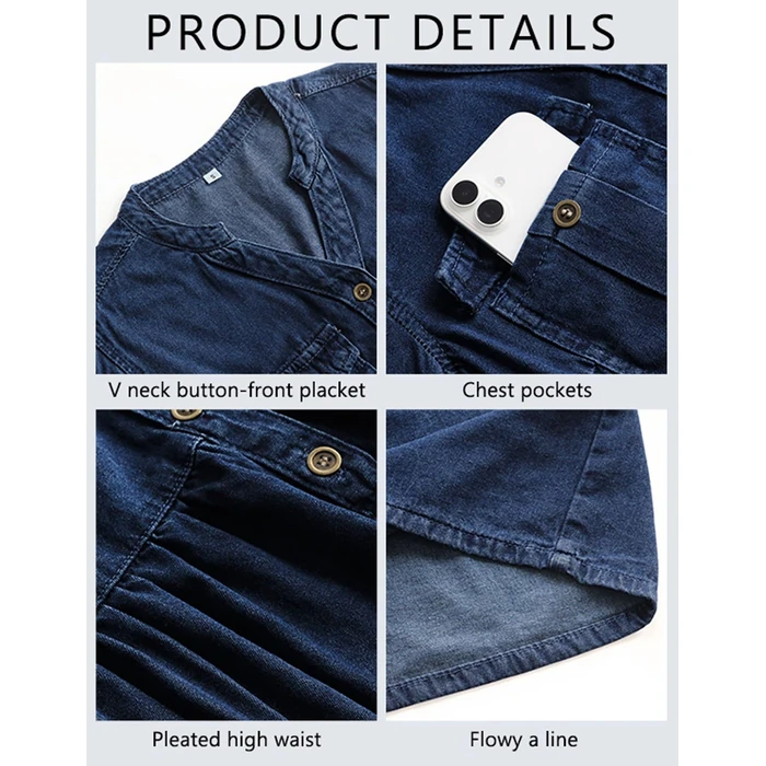 loveimgs Women Casual Button Down High Waist Midi Denim Dress V Neck Pleated Shirt Jean Dress A Line Long Sleeves Pockets (Small,Dark Blue) by loveimgs - Image 7