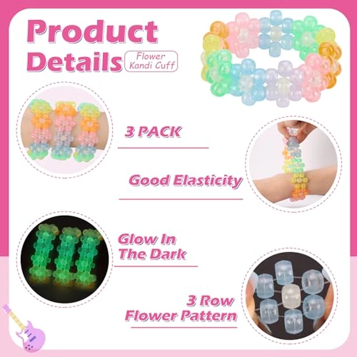 SMAODSGN 3 Pcs Flower Kandi Bracelets Colored Stretch Rave Candy Bracelets Multi Color Beaded Flower Kandi Cuff Rave Accessories Jewelry Music Party Favor for Women Friends EDM Party Music Festival by SMAODSGN - Image 3