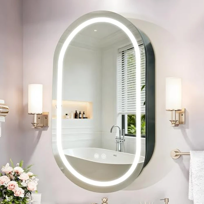 Seenvlog Grey Oval LED Anti-Fog Medicine Cabinet 20" x 36", 3-Color Dimmable with Memory Function, Power Outlets, Surface Mount Bathroom Lighted Mirror Cabinet by Seenvlog - Used - Very Good condition - CA$299.95