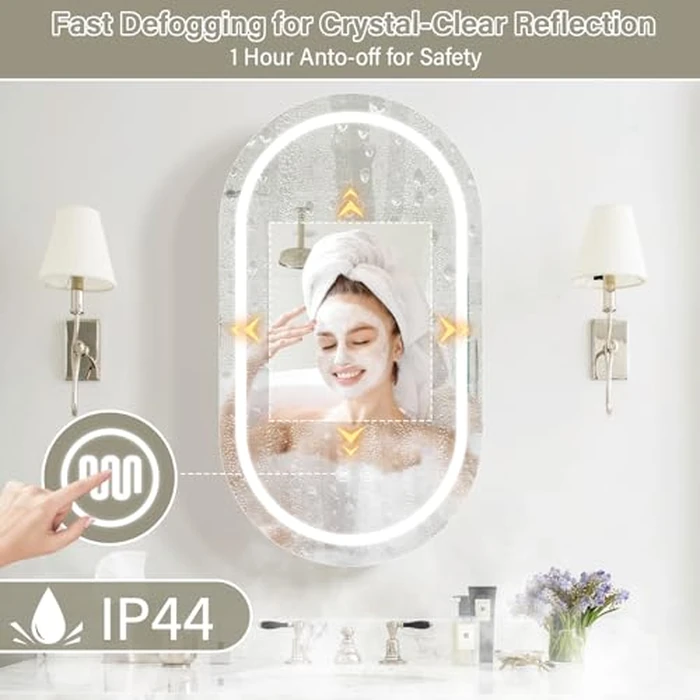 Seenvlog Grey Oval LED Anti-Fog Medicine Cabinet 20" x 36", 3-Color Dimmable with Memory Function, Power Outlets, Surface Mount Bathroom Lighted Mirror Cabinet by Seenvlog - Image 4