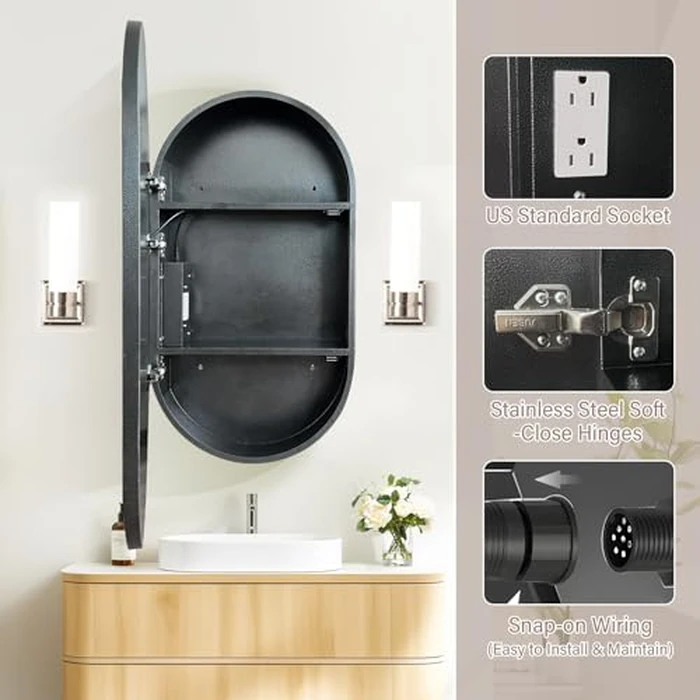 Seenvlog Grey Oval LED Anti-Fog Medicine Cabinet 20" x 36", 3-Color Dimmable with Memory Function, Power Outlets, Surface Mount Bathroom Lighted Mirror Cabinet by Seenvlog - Image 6