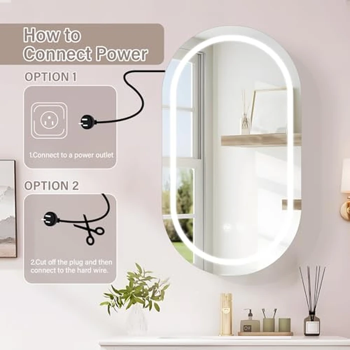 Seenvlog Grey Oval LED Anti-Fog Medicine Cabinet 20" x 36", 3-Color Dimmable with Memory Function, Power Outlets, Surface Mount Bathroom Lighted Mirror Cabinet by Seenvlog - Image 8