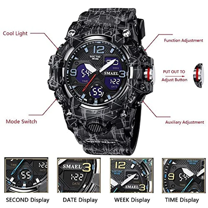 SMAEL Men's Watches Military Outdoor Waterproof Sports Wrist Watch Date Multi Function LED Alarm Stopwatch, Digital Watches for Mens by SMAEL - Image 5