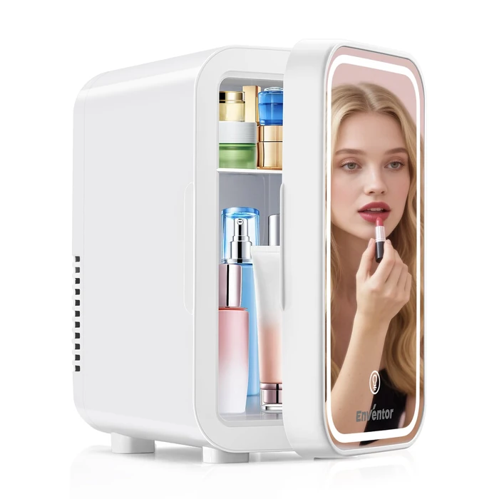 Enventor Mini Skincare Fridge Small Refrigerator for Bedroom, Beauty Fridge for Makeup with Dimmable LED Mirror, 6 L / 8 Cans Compact Portable Cooler for College Dorm, Office, Car, White by Enventor - Used - Very Good condition
