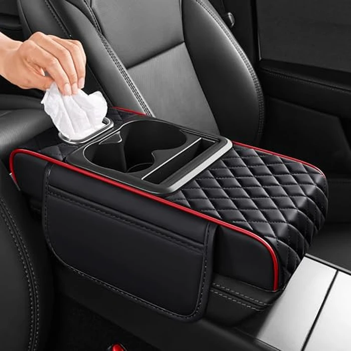 AuraSettle 5 in 1 Car Center Console Cover, Armrest Pad with 2 Storage Pockets, Cup Holder, Tissue Box Slot, Phone Holder, Universal Car Interior Organizer (Black with Red Stitching) by AuraSettle - Used - Like New condition - US$21.84