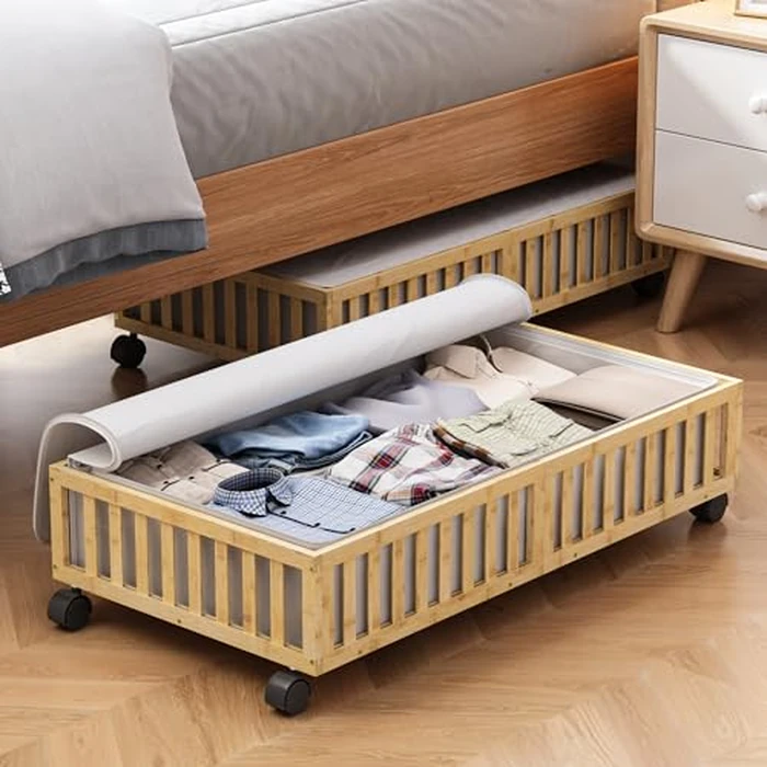 Bamboo Under Bed Storage Containers with Wheels, 2 Pack Large Under the Bed Shoe Storage Bins, Wood Rolling Underbed Drawers Organizer for Bedroom Closet Clothes Blanket Under Crib Toy Nature by MHXW SXPN - Used - Very Good condition