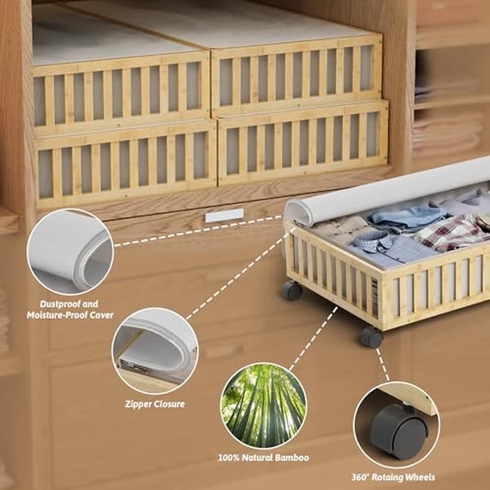 Bamboo Under Bed Storage Containers with Wheels, 2 Pack Large Under the Bed Shoe Storage Bins, Wood Rolling Underbed Drawers Organizer for Bedroom Closet Clothes Blanket Under Crib Toy Nature by MHXW SXPN - Image 2