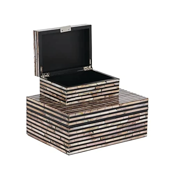 Deco 79 Mother of Pearl Handmade Box with Linear Mosaic Pattern and Hinged Lid, Set of 2 12", 8" W, Black by Deco 79 - Image 3