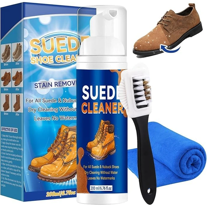 Auensten Suede Shoes Cleaner, 6.76 fl oz Suede and Nubuck Shoe Cleaner with Brush and Cloth, No-Rinse Foam Shoe Cleaning Kit, Removes Dirt and Stains from Leather, Boots, Sneakers and Fabric by Auensten - Used - Very Good condition