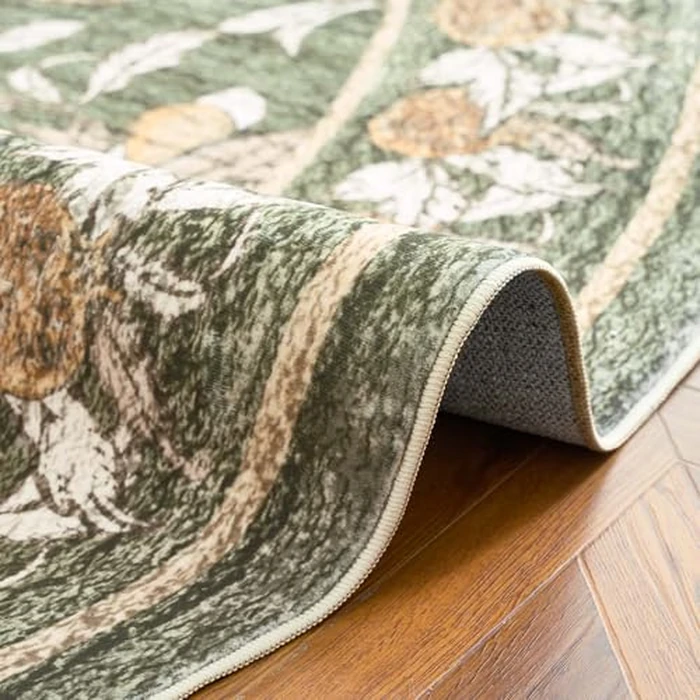 jinchan Eden Floral Round Rug 6ft Area Rug Washable Vintage Soft Non-Slip Distressed Orange Green 6' Circle Carpet Low Pile Accent Rug for Living Room Dining Room Bedroom Home Office by jinchan - Image 7