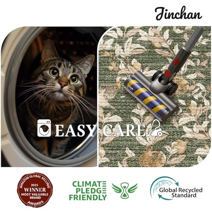 jinchan Eden Floral Round Rug 6ft Area Rug Washable Vintage Soft Non-Slip Distressed Orange Green 6' Circle Carpet Low Pile Accent Rug for Living Room Dining Room Bedroom Home Office by jinchan - Image 8