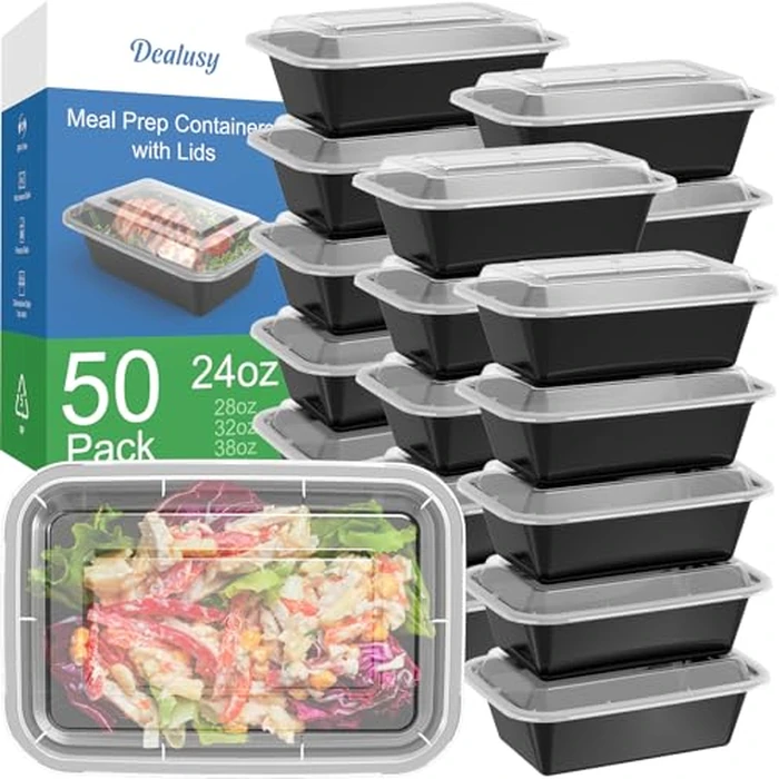 Dealusy 50 Pack (100-Piece) 24 oz Meal Prep Containers Reusable with Lids, Sturdy Leakproof & Food Safe, Microwave, Freezer, Dishwasher Safe Prep Containers, To Go Take Out Plastic Food Storage by Dealusy - Image 1