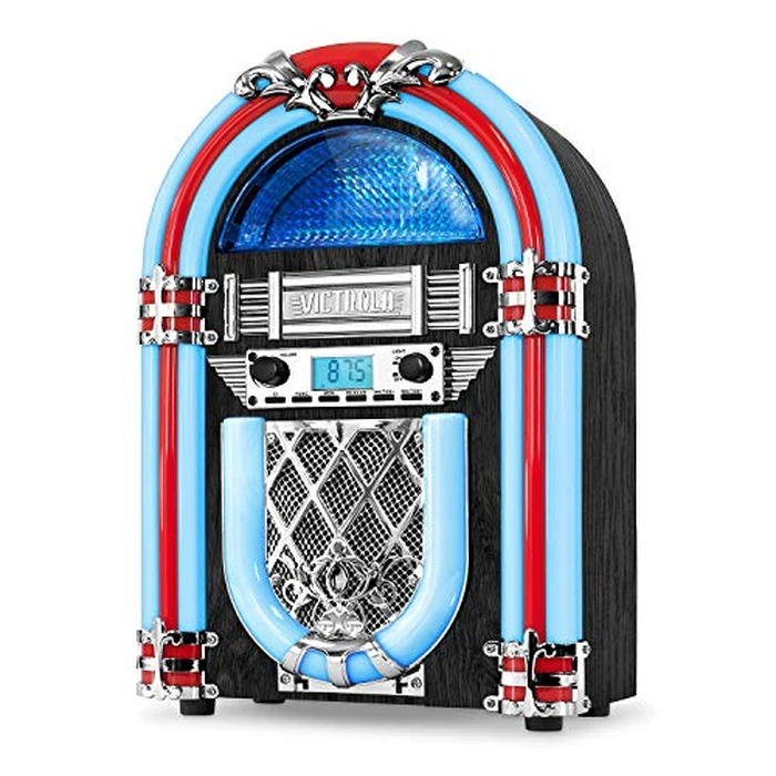 Victrola Redding Tabletop Bluetooth Jukebox with Built-In Speaker, 3.5mm Aux and RCA Output, Classic 50's Retro Design, Color-Changing LED Light, AM/FM Radio, Wireless Music Streaming by Victrola - Used - Good condition - US$65.86