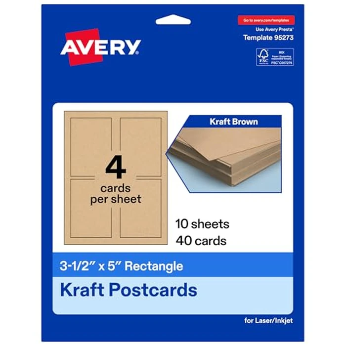 Avery Printable Rectangle Postcards, 3.5" x 5", Kraft Brown Cardstock, Print-To-The-Edge, Laser/Inkjet Cards, 40 Total by Avery - Image 1