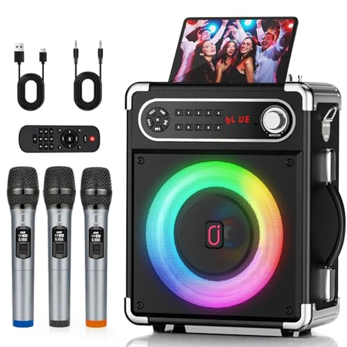 Karaoke Machine with Wireless Microphones for Adults, Portable Bluetooth Speaker with Disco Party Lights for Outdoor, PA System Karaoke Speaker Support TWS/FM/USB/TF Card (Multicolor, 3 Mics-S55-T) by HWWR - Used - Very Good condition