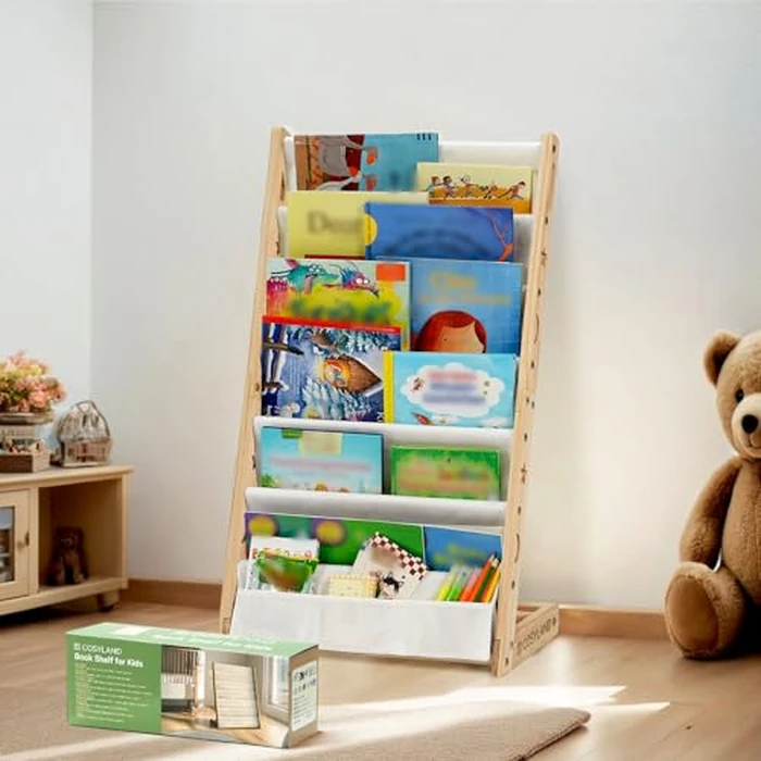 COSYLAND Fabric Book Shelf for Kids Rooms - 6 Tiers Nursery Book Shelves for Playroom Classroom - Bookcase Display Shelf for Toddler (Natural, 45 Cm Wide) by COSYLAND - Image 1