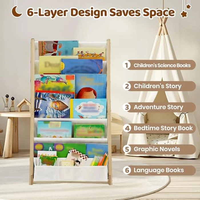 COSYLAND Fabric Book Shelf for Kids Rooms - 6 Tiers Nursery Book Shelves for Playroom Classroom - Bookcase Display Shelf for Toddler (Natural, 45 Cm Wide) by COSYLAND - Image 2