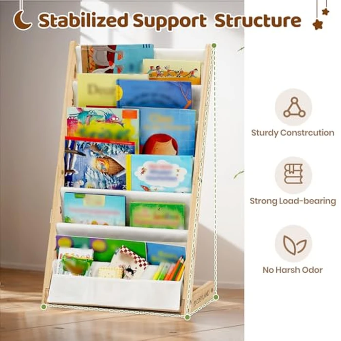 COSYLAND Fabric Book Shelf for Kids Rooms - 6 Tiers Nursery Book Shelves for Playroom Classroom - Bookcase Display Shelf for Toddler (Natural, 45 Cm Wide) by COSYLAND - Image 3