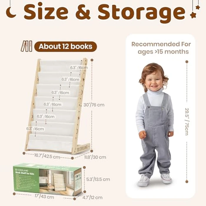 COSYLAND Fabric Book Shelf for Kids Rooms - 6 Tiers Nursery Book Shelves for Playroom Classroom - Bookcase Display Shelf for Toddler (Natural, 45 Cm Wide) by COSYLAND - Image 4
