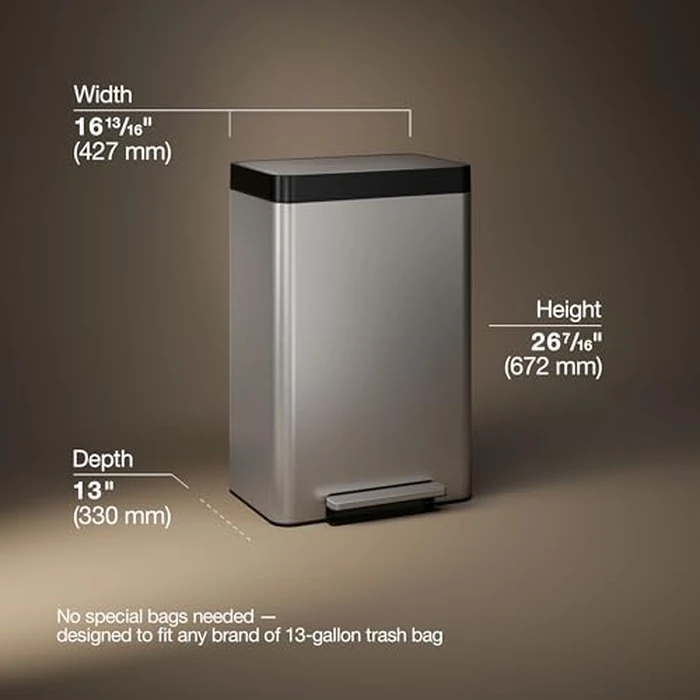 Kohler 20940-ST 13-Gallon Stainless Steel Step Trash Can, Stainless Steel, Hands-Free Pedal, Quiet-Close Lid, Fingerprint-Resistant, Durable, K-20940-ST by Kohler - Image 3