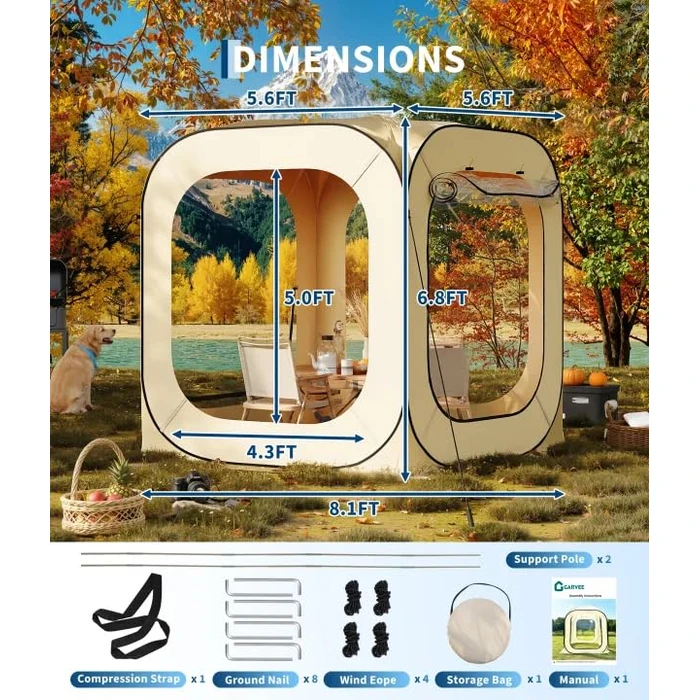 Garvee 6x6 Ft Outdoor All Weather Pop Up Tent, 2-3 Person Instant Tent Shelter, Rainproof Camping Sun Shelter Coldproof & Windproof for Patio, Backyard, Deck, Sports Events, Beige by Garvee - Used - Very Good condition - US$81.19