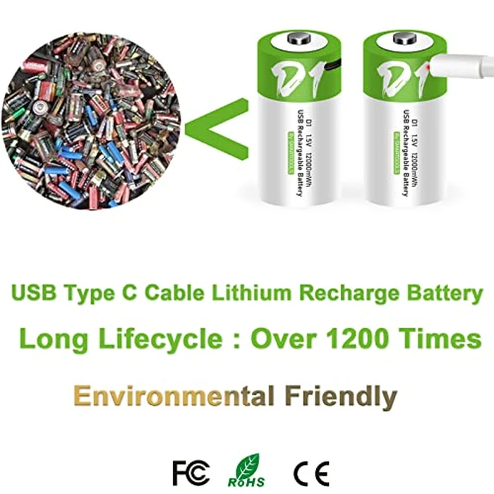 D Batteries, Rechargeable D Batteries 8 Pack,D Cell Battery with Type C Charger Cable,12000mWh 1.5V Lithium Battery D Size by CAMELCELL - Image 4