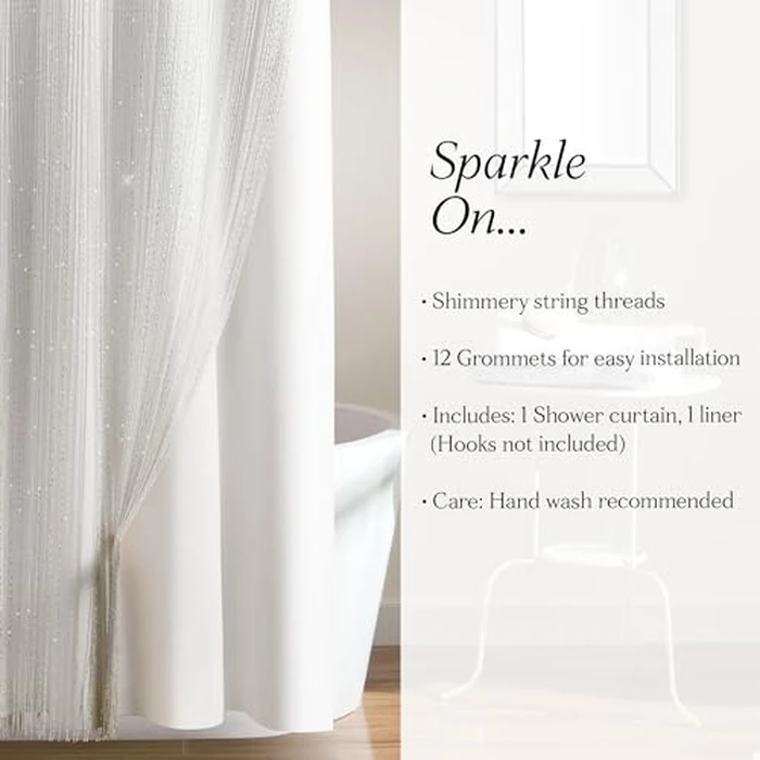 Lush Decor Night Sky String Thread Shower Curtain With PEVA Liner, 2 Piece Set, 72" W x 72" L, White - Silver String Shower Curtain and Liner Set - Shimmery Bath Curtain - Modern Glam Bathroom Decor by Lush Decor - Image 7