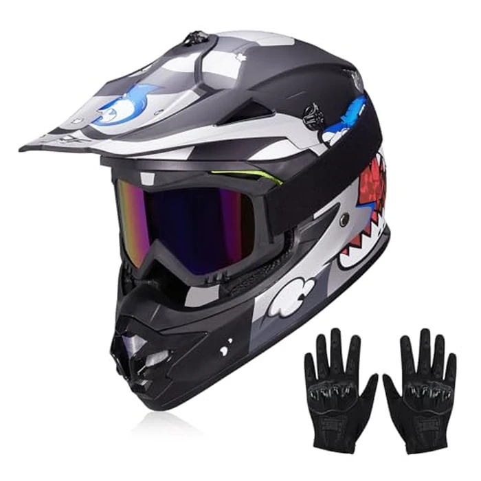 JQF Gear Youth Kids Dirt Bike Helmets Motocross Offroad ATV BMX MX Dirtbike Motorcycle Helmet J-01 with Goggles and Gloves DOT Approved (Gray Shark, S) by JQF Gear - Image 1