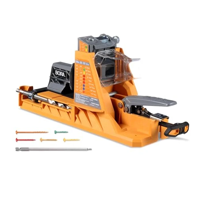 BORA Automatic Pocket Hole Jig with 50 Color-Coated Screws, Auto Adjusting Drill Guide, Pocket Hole Jig Kit for Woodworking - For Materials 1/2 inch to 1 1/2 inch Thick, Power Tool Accessory Jigs by BORA - Image 1