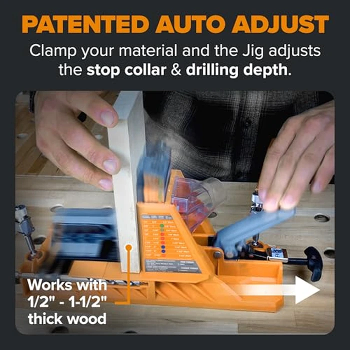 BORA Automatic Pocket Hole Jig with 50 Color-Coated Screws, Auto Adjusting Drill Guide, Pocket Hole Jig Kit for Woodworking - For Materials 1/2 inch to 1 1/2 inch Thick, Power Tool Accessory Jigs by BORA - Image 3