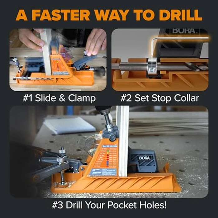 BORA Automatic Pocket Hole Jig with 50 Color-Coated Screws, Auto Adjusting Drill Guide, Pocket Hole Jig Kit for Woodworking - For Materials 1/2 inch to 1 1/2 inch Thick, Power Tool Accessory Jigs by BORA - Image 4