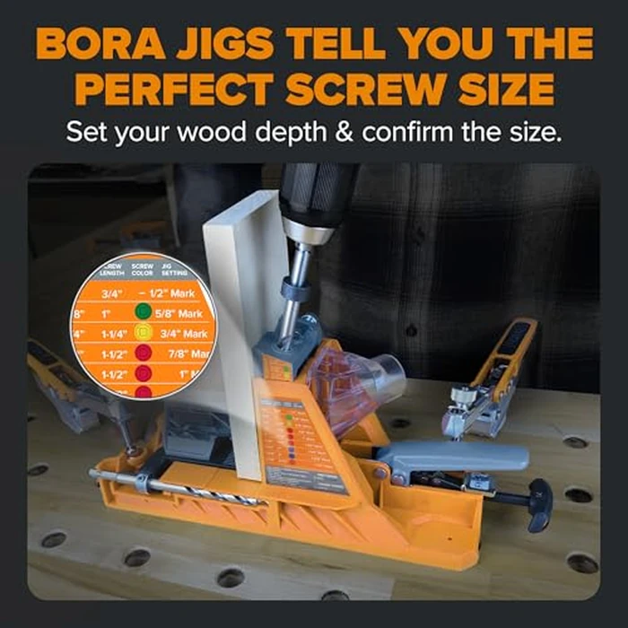 BORA Automatic Pocket Hole Jig with 50 Color-Coated Screws, Auto Adjusting Drill Guide, Pocket Hole Jig Kit for Woodworking - For Materials 1/2 inch to 1 1/2 inch Thick, Power Tool Accessory Jigs by BORA - Image 5