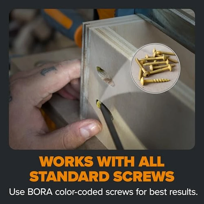 BORA Automatic Pocket Hole Jig with 50 Color-Coated Screws, Auto Adjusting Drill Guide, Pocket Hole Jig Kit for Woodworking - For Materials 1/2 inch to 1 1/2 inch Thick, Power Tool Accessory Jigs by BORA - Image 6