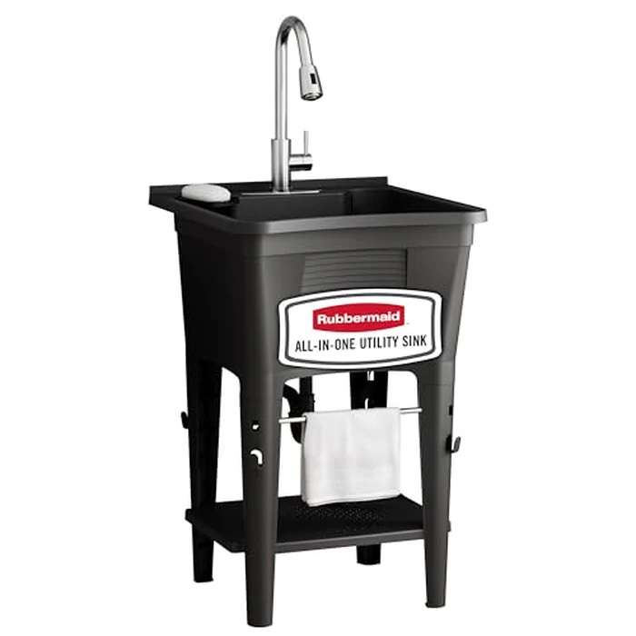 Rubbermaid Utility Sink Laundry Tub, Freestanding Laundry Sink with Premium Stainless Steel Sprayer Faucet, for Laundry Room, Basement, Garage, 24.1" L x 24.1" W x 52.5" H, Black by Rubbermaid - Used - Like New condition - US$151.99