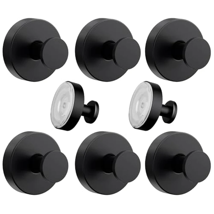 VEHHE 6 Pack Self-Adhesive Hooks, Waterproof Stainless Steel Shower Suction Cup Hooks Weight Capacity 15lbs, Shower Hooks Suction for Wall, Kitchens, Glass, Mirrors (Black) by VEHHE - Image 1