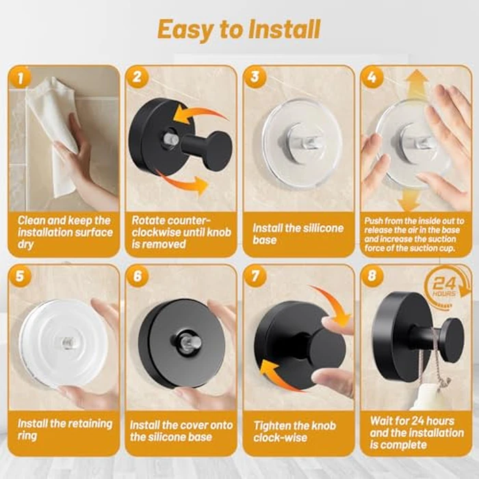 VEHHE 6 Pack Self-Adhesive Hooks, Waterproof Stainless Steel Shower Suction Cup Hooks Weight Capacity 15lbs, Shower Hooks Suction for Wall, Kitchens, Glass, Mirrors (Black) by VEHHE - Image 6
