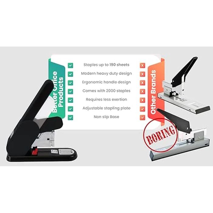Better Office Products Heavy Duty Modern Stapler, Effortless Lever, 190 Sheet Capacity, 2,000 Heavy Duty Staples Included, Desk Stapler, Large Commercial Office Stapler (Black) by Better Office Products - Image 5